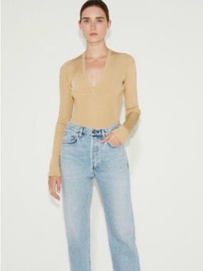 Goldsign Long Sleeve Ribbed Bodysuit in Gold